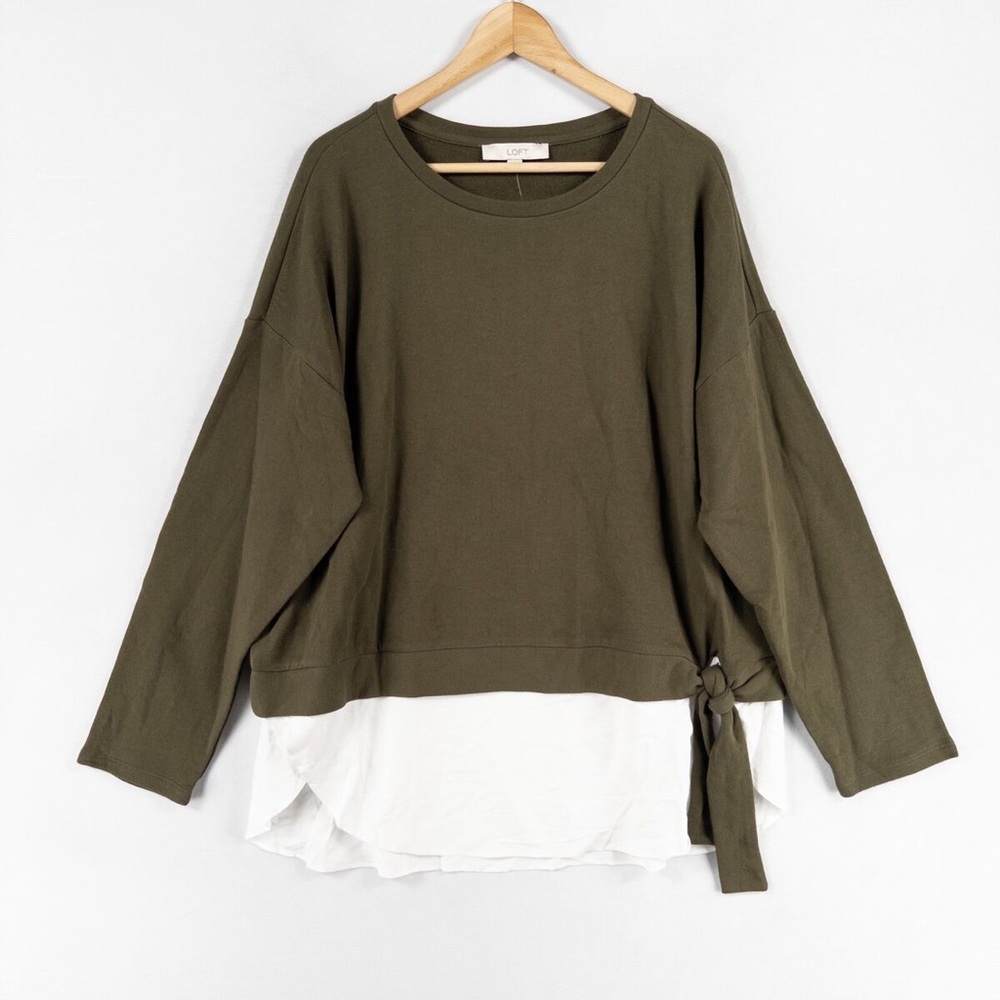 LOFT L Sweatshirt Olive Green Cotton Layered Look Knotted Detail NEW